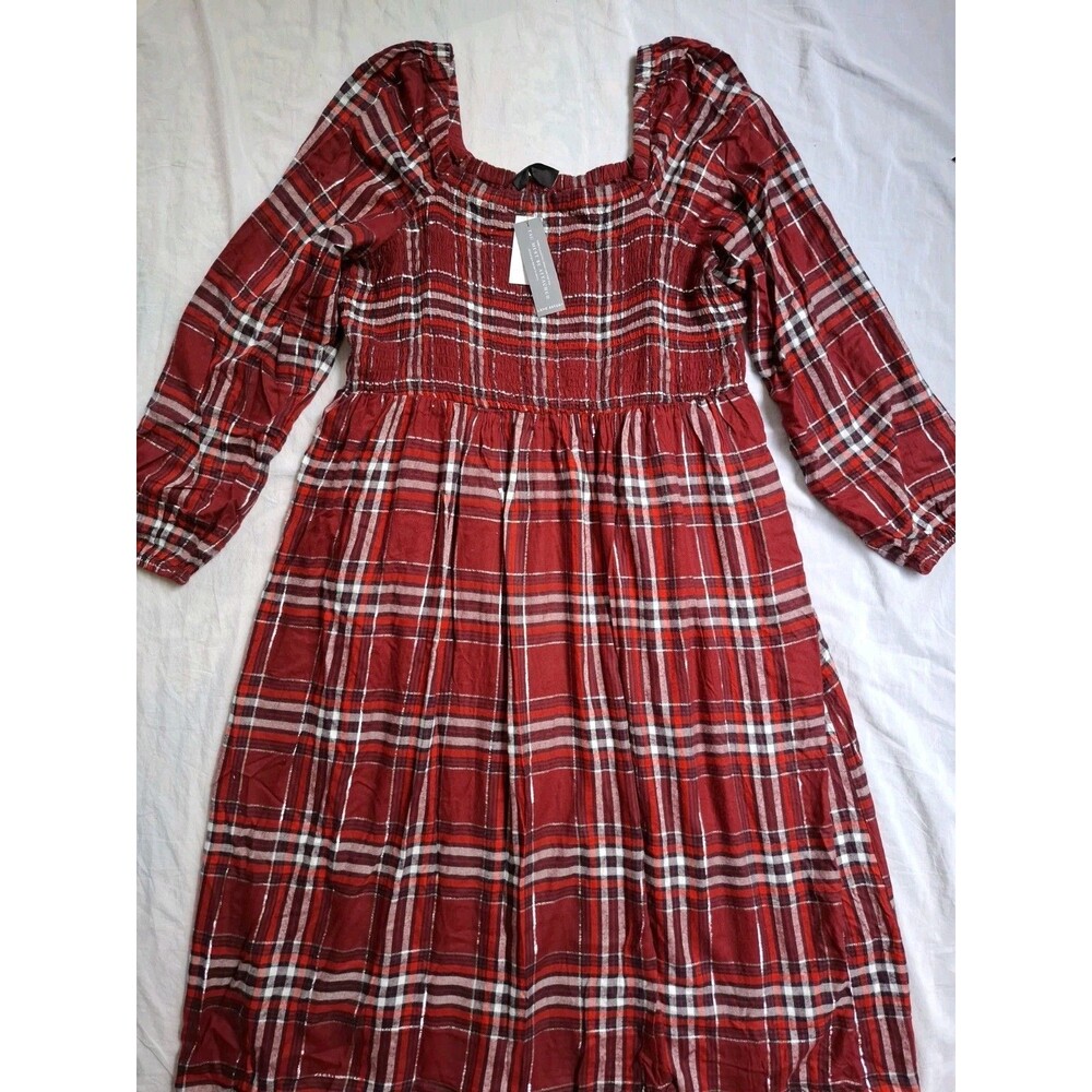 Lane Bryant Dress Red Plaid Square Neck Smocked Balloon Sleeves Womens 18/20 NWT - Picture 3 of 14